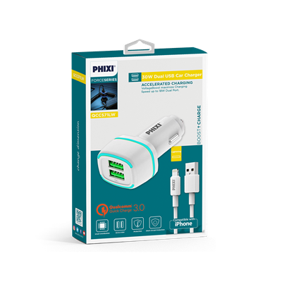 Phixi Force QCC571L Çift Çıkışlı Fast Lightning USB Kablolu Araç Şarj Cihazı