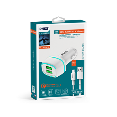 Phixi Force QCC571M Çift Çıkışlı Fast Micro USB Kablolu Araç Şarj Cihazı