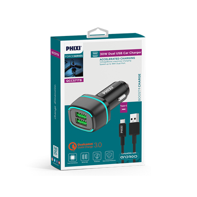 Phixi Force QCC571T Çift Çıkışlı Fast Type-C USB Kablolu Araç Şarj Cihazı
