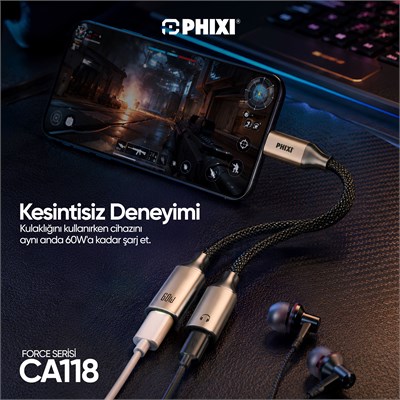 PHIXI Force Serisi CA118 Type-C Çift Çıkış Ses ve 60W Hızlı Şarj Adaptörü