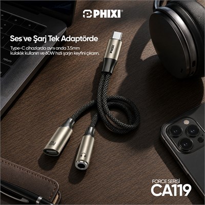 PHIXI Force Serisi CA119 Type-C to 3.5mm + 60W Type-C Ses ve Şarj Adaptörü