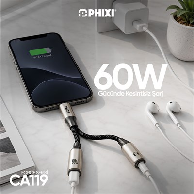 PHIXI Force Serisi CA119 Type-C to 3.5mm + 60W Type-C Ses ve Şarj Adaptörü