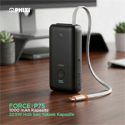 PHIXI Force Serisi P75 10000mAh 22.5W Hızlı Şarj Powerbank – Makaralı Dahili Kablo, Dijital Gösterge