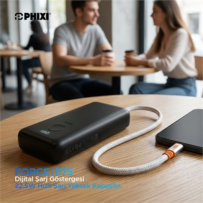 PHIXI Force Serisi P75 10000mAh 22.5W Hızlı Şarj Powerbank – Makaralı Dahili Kablo, Dijital Gösterge
