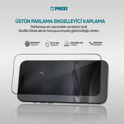 Phixi Gorilla Guard iPhone 15 Pro Max Kırılmaz Cam – HD Temperli, Tekrar Yapışabilir, Suyla Temizlenebilir, Anti-Statik, Süper Kavisli Ekran Koruyucu
