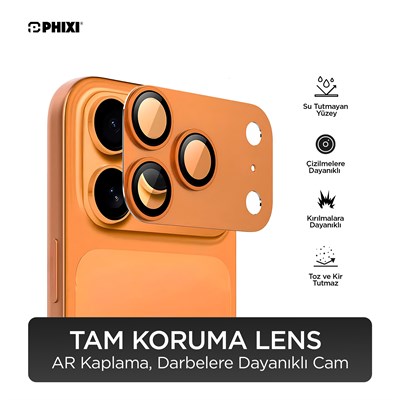 PHIXI Guard Serisi iPhone 17 Pro Max Tam Kaplama Lens Koruyucu – AR Kaplama, Turuncu