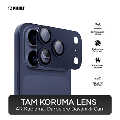 PHIXI Guard Serisi iPhone 17 Pro Max Tam Kaplama Lens Koruyucu – AR Kaplama, Lacivert