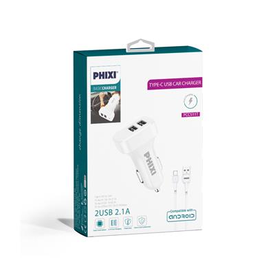 Phixi PCC511T Basic 2.1A Çift Çıkışlı Type-C USB Kablolu Araç Şarj Cihazı