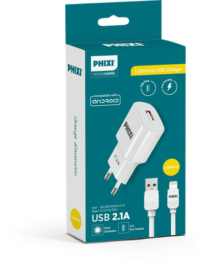 PHIXI PCH211L Lightning Şarj Cihazı 2.1A Adaptör ve Lightning Kablo