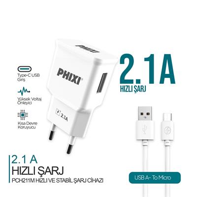 PHIXI PCH211M Micro USB Şarj Cihazı 2.1A Adaptör ve Micro USB Kablo