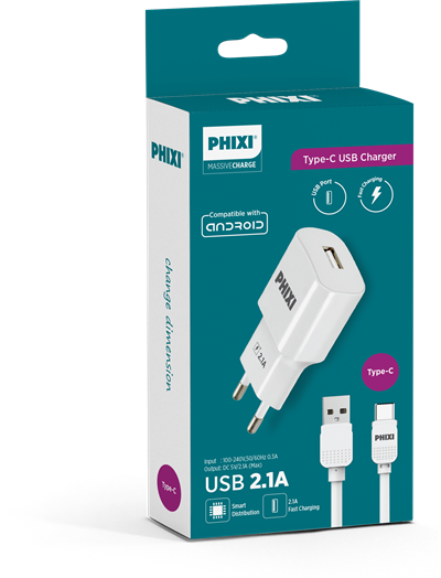 PHIXI PCH211T Type-C Şarj Cihazı 2.1A Adaptör ve Type-C Kablo