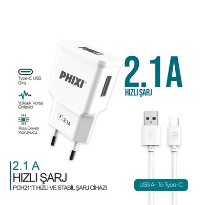 PHIXI PCH211T Type-C Şarj Cihazı 2.1A Adaptör ve Type-C Kablo