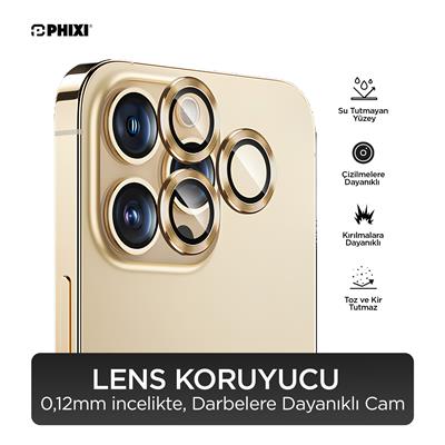 Phixi Premium Guard Serisi  – iPhone 13 Pro / Pro Max Uyumlu Gold Kamera Lens Koruyucu | Safir Cam, Kırılmaz, Gerçek Görünüm