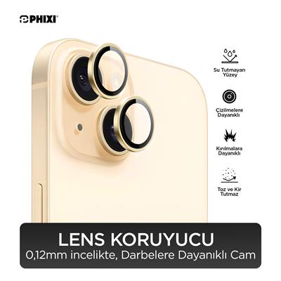 Phixi Premium Guard Serisi  – iPhone 13 Uyumlu Gold Kamera Lens Koruyucu | Safir Cam, Kırılmaz, Gerçek Görünüm