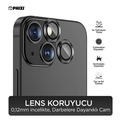 Phixi Premium Guard Serisi  – iPhone 14 / Plus Uyumlu Black Kamera Lens Koruyucu | Safir Cam, Kırılmaz, Gerçek Görünüm