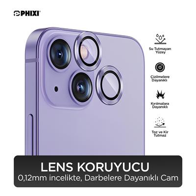 Phixi Premium Guard Serisi  – iPhone 14 / Plus Uyumlu Purple Kamera Lens Koruyucu | Safir Cam, Kırılmaz, Gerçek Görünüm
