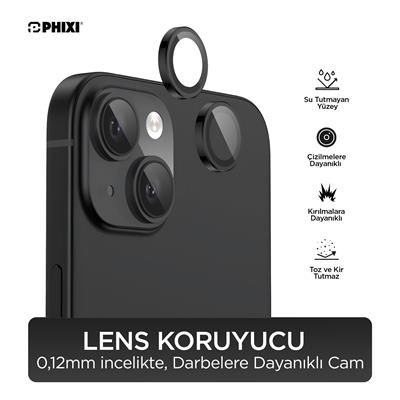 Phixi Premium Guard Serisi  – iPhone 15 / Plus Uyumlu Black Kamera Lens Koruyucu | Safir Cam, Kırılmaz, Gerçek Görünüm