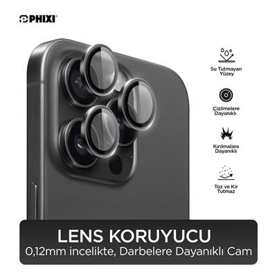 Phixi Premium Guard Serisi  – iPhone 16 Pro / Pro Max Uyumlu Black Titanyum Kamera Lens Koruyucu | Safir Cam, Kırılmaz, Gerçek Görünüm