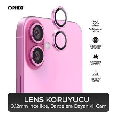 Phixi Premium Guard Serisi  – iPhone 16 / Plus Uyumlu Pink Kamera Lens Koruyucu | Safir Cam, Kırılmaz, Gerçek Görünüm