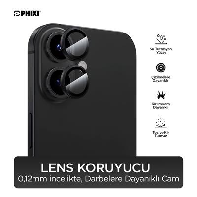 Phixi Premium Guard Serisi  – iPhone 16 / Plus Uyumlu Black Kamera Lens Koruyucu | Safir Cam, Kırılmaz, Gerçek Görünüm