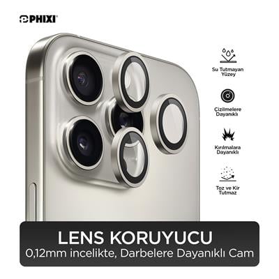 Phixi Premium Guard Serisi  – iPhone 16 Pro / Pro Max Uyumlu Natural Titanyum Kamera Lens Koruyucu | Safir Cam, Kırılmaz, Gerçek Görünüm