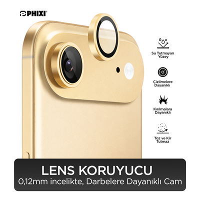 Phixi Premium Guard Serisi – iPhone 17 Air Uyumlu Gold Kamera Lens Koruyucu | Safir Cam, Kırılmaz, Gerçek Görünüm
