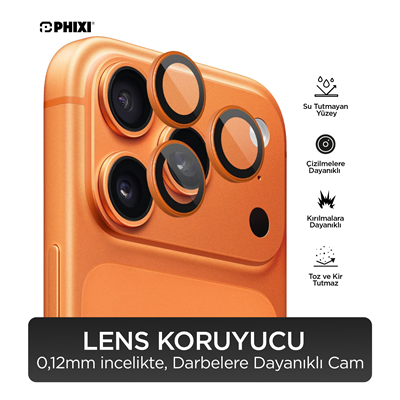 Phixi Premium Guard Serisi – iPhone 17 Pro / Pro Max Uyumlu Orange Kamera Lens Koruyucu | Safir Cam, Kırılmaz, Gerçek Görünüm