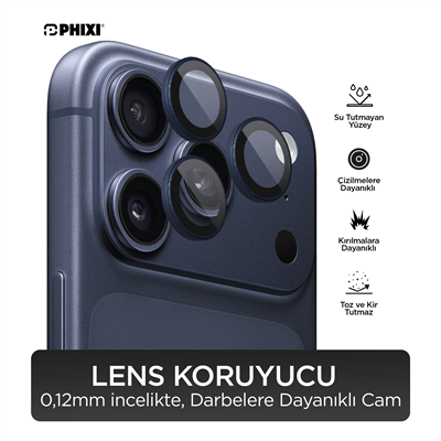 Phixi Premium Guard Serisi – iPhone 17 Pro / Pro Max Uyumlu Blue Kamera Lens Koruyucu | Safir Cam, Kırılmaz, Gerçek Görünüm
