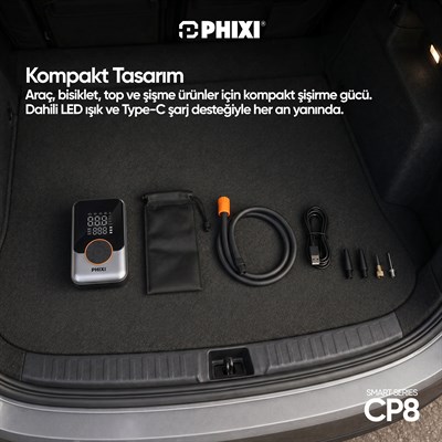 PHIXI Smart CP8 150 PSI Dijital Ekranlı 3000 mAh Şarjlı Hava Kompresörü