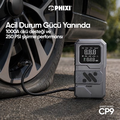 PHIXI Smart CP9 250 PSI 8000 mAh Akü Takviyeli Şarjlı Hava Kompresörü