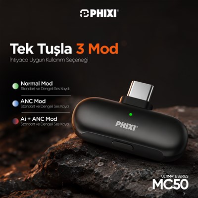 PHIXI Ultimate MC50 Yapay Zeka Destekli ANC Kablosuz Yaka Mikrofonu