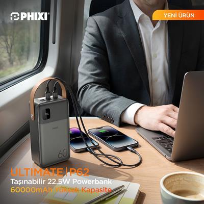 PHIXI Ultimate P62 - 60000mAh - Hızlı Şarj - Işıklı - LCD Ekranlı - Dahili Kablolu - Powerbank