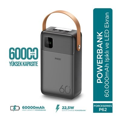 PHIXI Ultimate P62 - 60000mAh - Hızlı Şarj - Işıklı - LCD Ekranlı - Dahili Kablolu - Powerbank