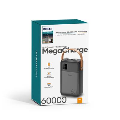 PHIXI Ultimate P62 - 60000mAh - Hızlı Şarj - Işıklı - LCD Ekranlı - Dahili Kablolu - Powerbank
