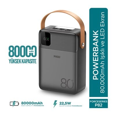 PHIXI Ultimate P82 - 80000mAh - Hızlı Şarj - Işıklı - LCD Ekranlı - Dahili Kablolu - Powerbank