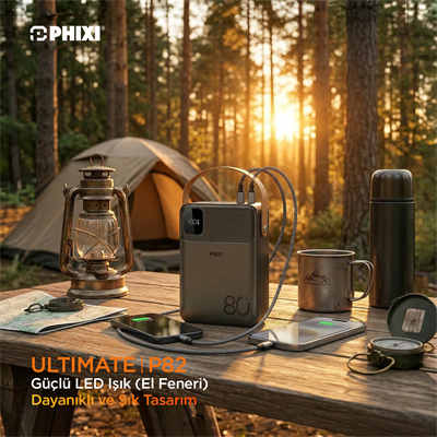 PHIXI Ultimate P82 - 80000mAh - Hızlı Şarj - Işıklı - LCD Ekranlı - Dahili Kablolu - Powerbank