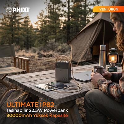 PHIXI Ultimate P82 - 80000mAh - Hızlı Şarj - Işıklı - LCD Ekranlı - Dahili Kablolu - Powerbank