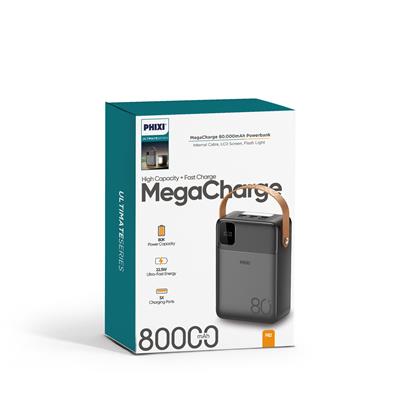 PHIXI Ultimate P82 - 80000mAh - Hızlı Şarj - Işıklı - LCD Ekranlı - Dahili Kablolu - Powerbank