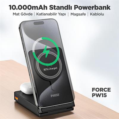 Phixi Ultimate PW15 10000mAh 22.5W Kendinden Kablolu MagSafe Powerbank + Watch + Stand - Kablosuz  Şarj Cihazı - 1 PD  1 USB Port - Dijital Ekran - Taşınabilir Şarj Cihazı
