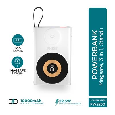 Phixi Ultimate PW2250 10000mAh 22.5W Kendinden Kablolu MagSafe Powerbank + Watch + Stand - Kablosuz  Şarj Cihazı - 1 PD  1 USB Port - Dijital Ekran - Taşınabilir Şarj Cihazı
