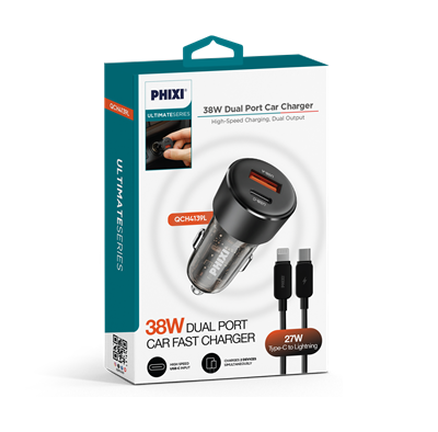 PHIXI Ultimate QCH4139L 38W Araç İçi Hızlı Şarj Cihazı – Lightning Kablolu Çift Çıkışlı