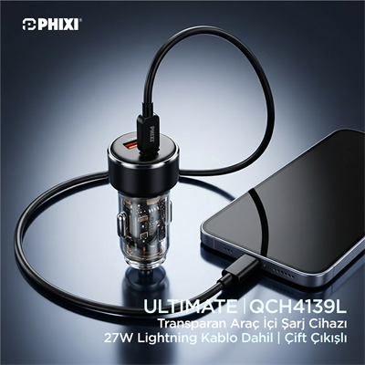 PHIXI Ultimate QCH4139L 38W Araç İçi Hızlı Şarj Cihazı – Lightning Kablolu Çift Çıkışlı