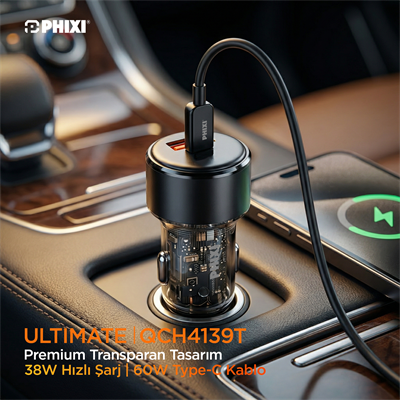 PHIXI Ultimate QCH4139T 38W Araç İçi Hızlı Şarj Cihazı – Type-C Kablolu Çift Çıkışlı