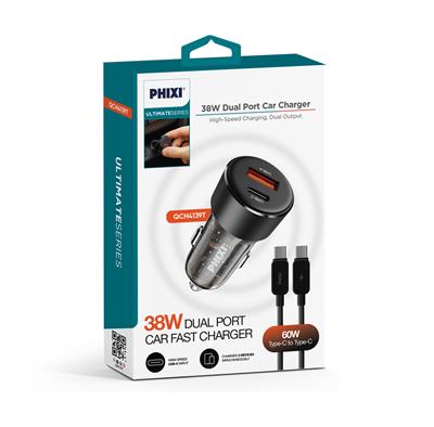 PHIXI Ultimate QCH4139T 38W Araç İçi Hızlı Şarj Cihazı – Type-C Kablolu Çift Çıkışlı