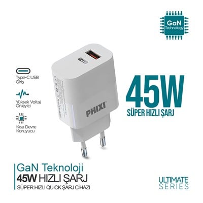 PHIXI Ultimate Serisi UPD4145 45W GaN PD + USB Hızlı Şarj Adaptörü
