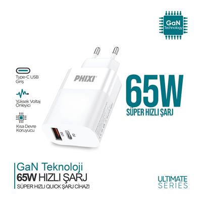 PHİXİ ULTİMATE UPD4165 65W PD ÇİFT ÇIKIŞLI HIZLI ŞARJ ADAPTÖR