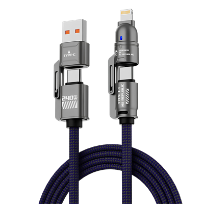 PHIXI Ultimate UPD4180 240W 4-in-1 Şarj Kablosu – Type-C / Lightning / USB-A Hızlı Şarj Hasır Kablo