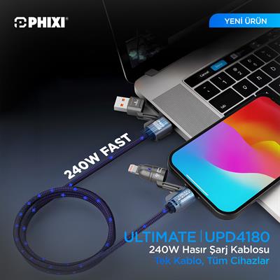 PHIXI Ultimate UPD4180 240W 4-in-1 Şarj Kablosu – Type-C / Lightning / USB-A Hızlı Şarj Hasır Kablo