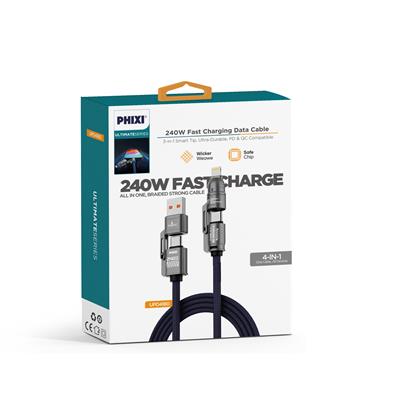 PHIXI Ultimate UPD4180 240W 4-in-1 Şarj Kablosu – Type-C / Lightning / USB-A Hızlı Şarj Hasır Kablo