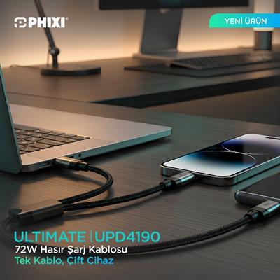 PHIXI Ultimate UPD4190 72W Dual Şarj Kablosu – Type-C ve Lightning Çift Çıkışlı Hasır Hızlı Şarj Kablosu
